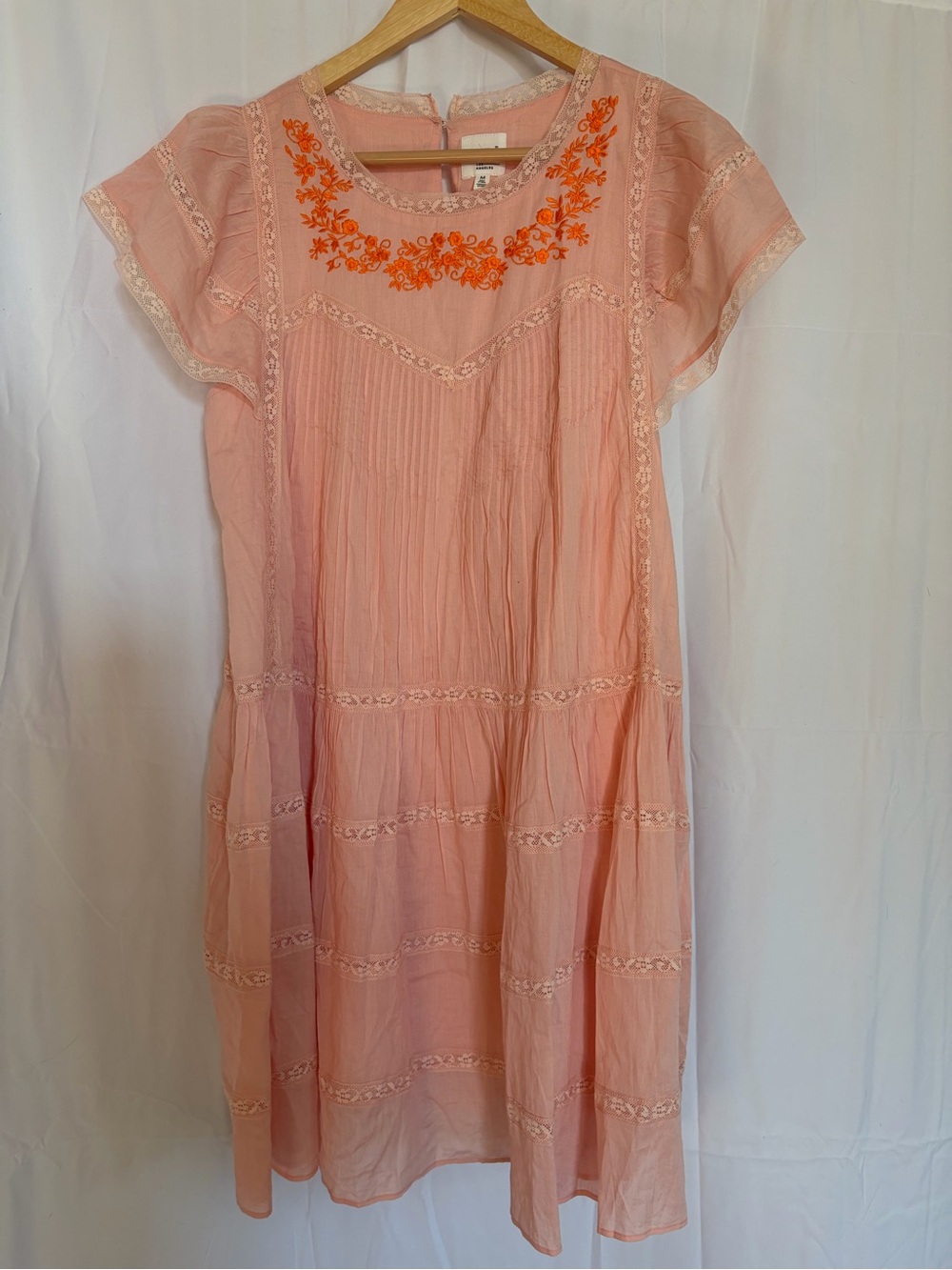 DRA Los Angeles pink smocked dress with lace and embroidery details, size M
